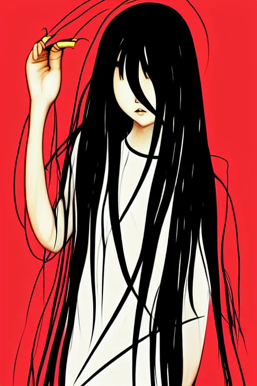 Image similar to sadako, pop art, asymmetrical, high details, digital painting, artstation trending, concept art, smooth, sharp focus, illustration, intecrate details, art by richard hamilton and mimmo rottela, pixels art by paul robertson