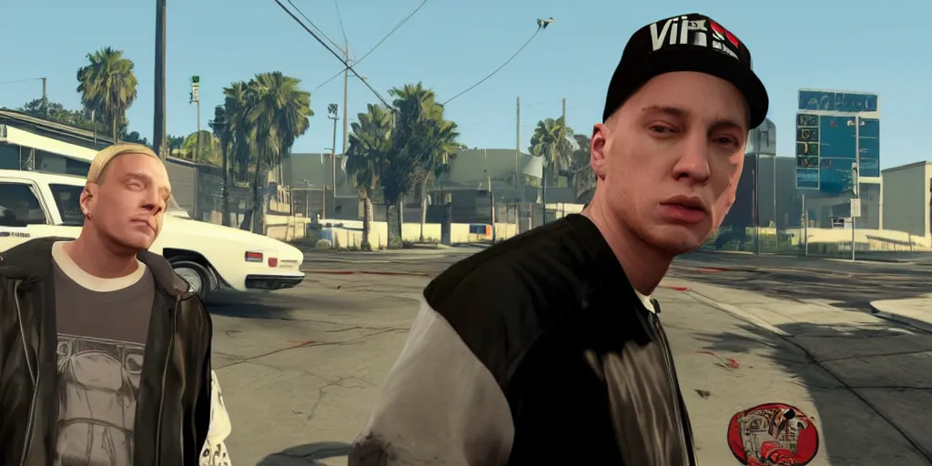 Image similar to eminem in gta v, cover art by stephen bliss, loading screen