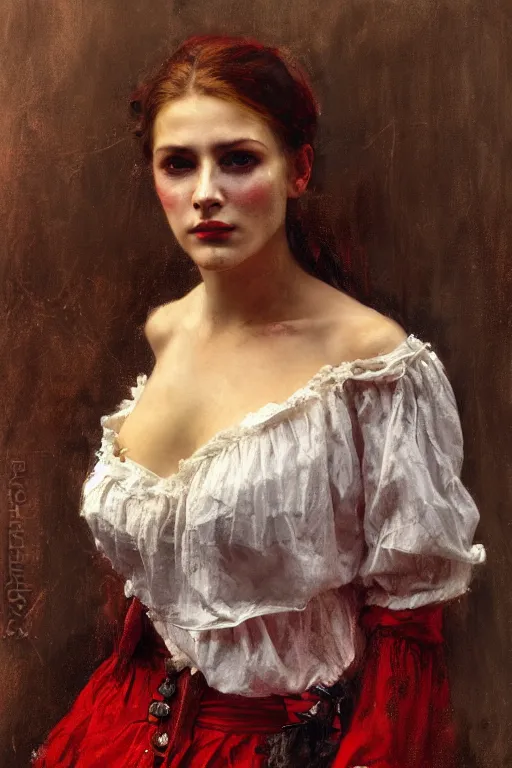 Image similar to no hands. Solomon Joseph Solomon and Richard Schmid and Jeremy Lipking victorian genre painting full length portrait painting of a young beautiful woman traditional german french actress model pirate wench in fantasy costume, red background