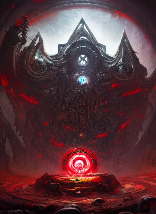 Prompt: wide shot of a warp portal, chaos demons emerging, blood runes glowing, intricate, warhammer, warhammer 4 0 k, highly detailed, digital painting, concept art, sharp focus, illustration, muted colors, grim dark, moody, gloomy, art by john blanche, by pedro nunez, by jaime martinez, by nacho molina