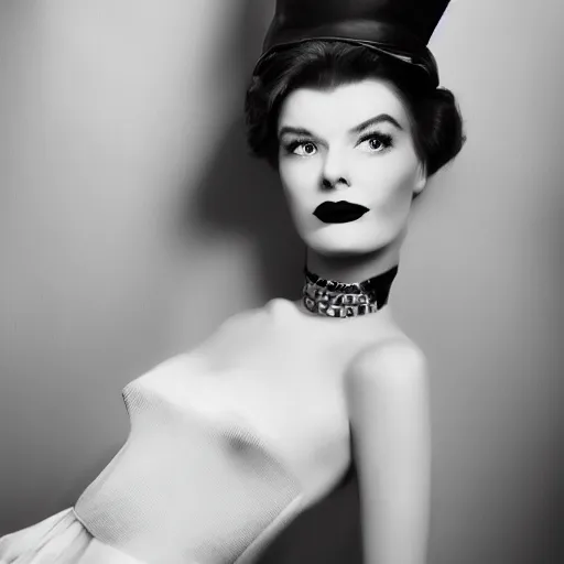 Image similar to a fashion photo portrait of a young Katherine Hepburn, full makup, smokey eye, medium shot. In the style of Helmut newton, robert maplethorpe, Stefano Brunesci, Lachlan Bailey, Herb Ritts, Ellen Von Unwerth, Haris Nukem, Sardax, Annie Leibovitz. detailed photo, hd, 4k, trending on artstation, 35mm, f1.8