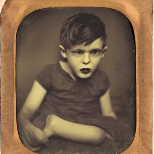 Image similar to tintype photo of a scared boy in bed, a claw is reached out from under the bed