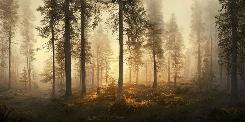 Image similar to swedish forest, photoreal, dawn, hazy, fog, golden hour, sunlight, beautiful!!!!!!!!!, greg rutkowski, cinematic, atmospheric