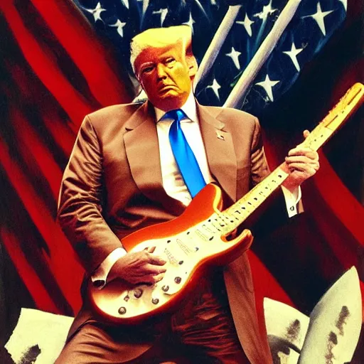 Image similar to President Trump Shredding on an electric guitar in the style of Frank Frazetta