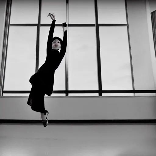 Image similar to film still of stylish girl dancing on school desk, tilted frame, 3 5 °, dutch angle, high quality, cinematography, award winning photo, focous