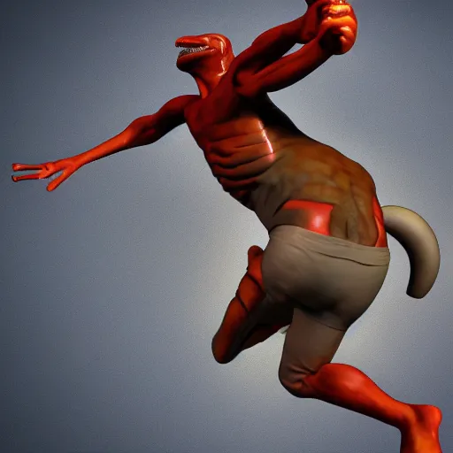 Prompt: 3D render on a lizard man super hero catching a fly