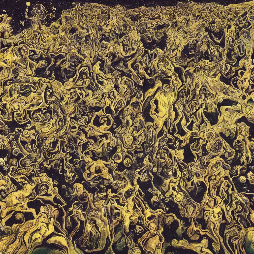 Image similar to intergalactic psychonaut unholy gathering, 4K, by collaboration of M. C. Escher and Salvador Dali and Van Gogh