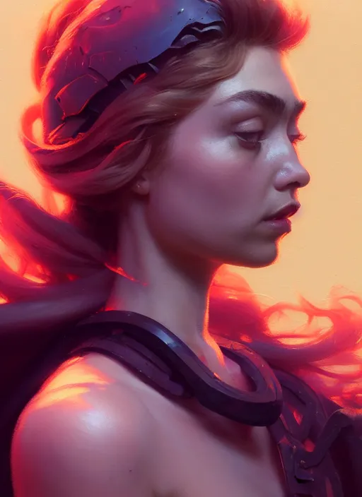 Image similar to side portrait, imogen poots, paladin, gloomhaven, organic painting, hard edges, gradient monochromatic color, luminescent, octane render, by greg manchess, huang guangjian, gil elvgren, sachin teng, greg rutkowski, jesper ejsing, rhads, ilya kuvshinov, cushart krenz