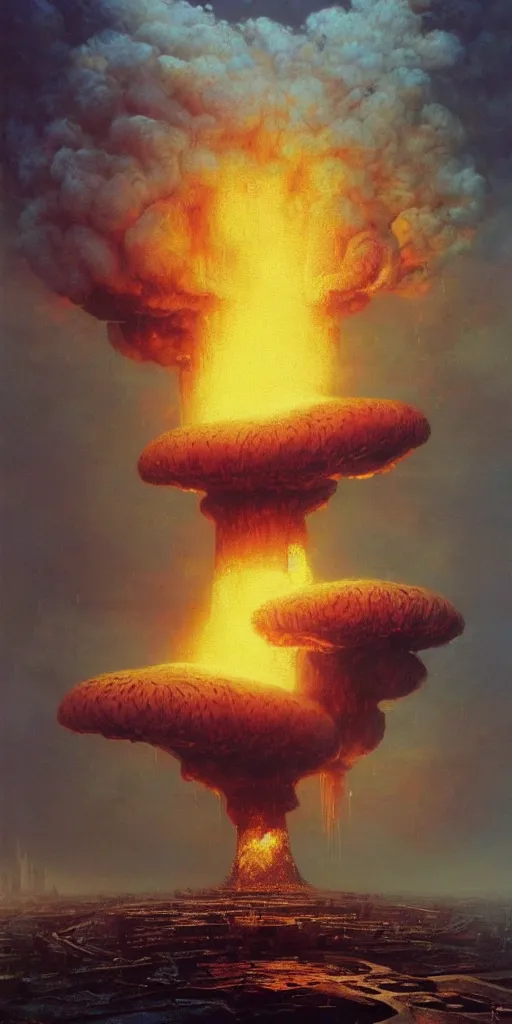 Image similar to A gigantic Mushroom Cloud from a colossal Atomic explosion in Mumbai, by Bruce Pennington, by Wayne Barlowe, by Greg Rutkowski, oil on canvas, masterpiece, detailed, dynamic, cinematic composition, beautiful lighting, view from ground, trending on artstation, top on pixiv, 8K, no frames,