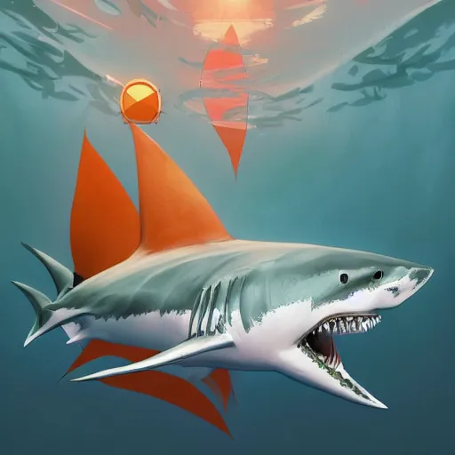 Image similar to great white shark, traffic cones as fins, underwater background detailed atmospheric - ron cheng & alphonse mucha, highly detailed, digital painting, ray tracing, concept art, illustration, smooth sharp focus, intricate, symmetry, artstation,