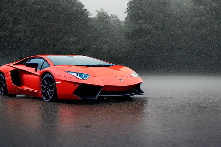 Image similar to a landscape photograph of a lamborghini aventador driving through a vast serene landscape on a rainy day, river, trees, beautiful lighting, by lee madgwick