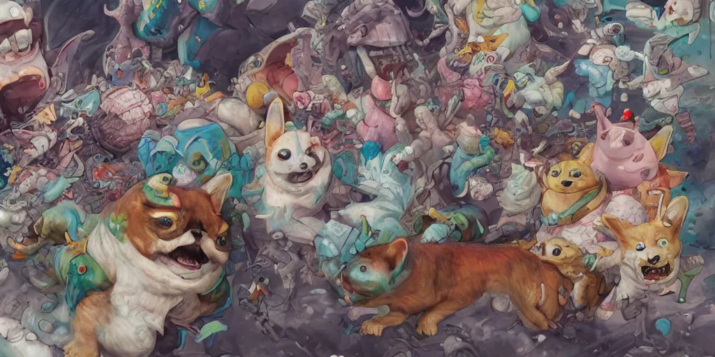 Prompt: mutated corgi monsters fighting the scientists that tested on him, by Anna Dittmann and Hikari Shimoda , trending on Artstation, 8k, masterpiece, graffiti, hiphop