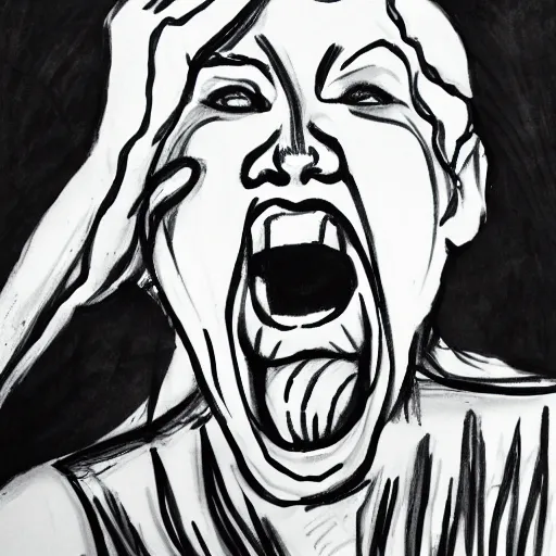 Prompt: portrait of crazy person screaming black ink on paper