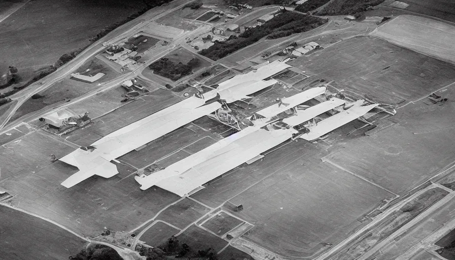 Prompt: aerial picture of an airfield, hangars, wwii, highly detailed, black and white, photograph