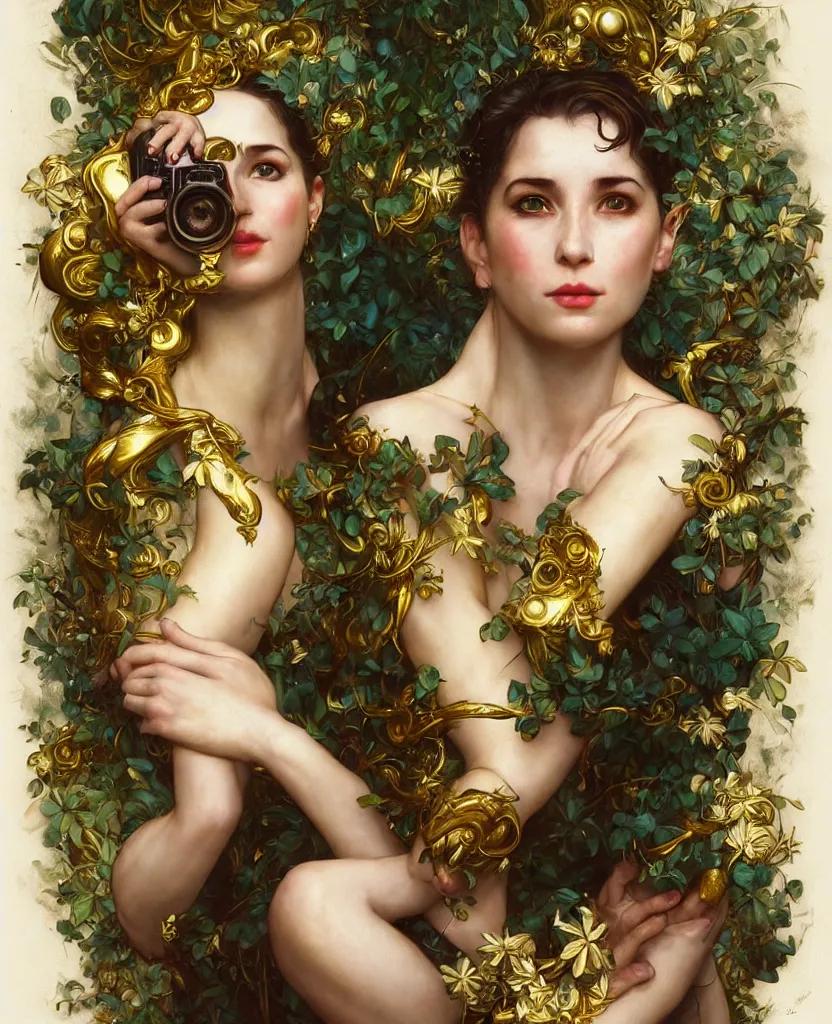 Prompt: hyper realistic photographer looking through a vintage medium format camera, magic pouring from lens, full body pose, design on white background, beautiful details, lush foliage cyberpunk, gold, drawn by john singer sargent, tom bagshaw, norman rockwell, alphonso mucha, lolish, trending on artstation