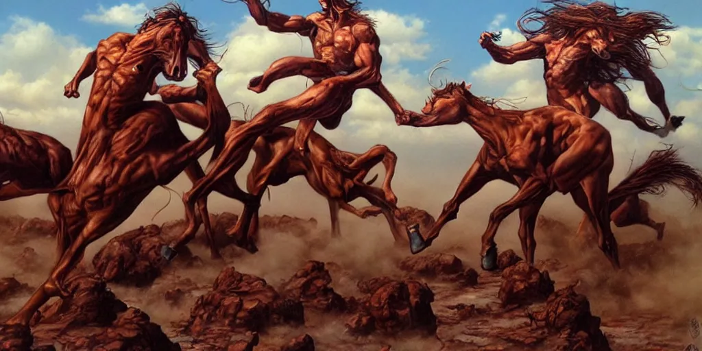 Image similar to centaurs fighting by gerald brom, hyper realistic