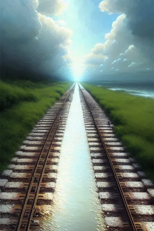 Image similar to a barefoot girl carries her shoes on reflective water and faintly visible submerged train tracks, water covers all the ground, large white clouds on a wide horizon, intricate, elegant, highly detailed, digital photo, artstation, concept art, smooth, sharp focus, low angle photo, art by artgerm and greg rutkowski and fra angelico