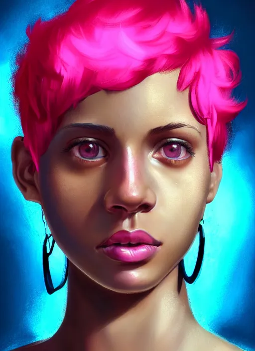 Image similar to portrait of teenage vanessa morgan with bright pink hair, black girl, curly pixie cut hair, wearing newsboy cap, pink short haircut, newsboy cap, hoop earrings, blue eyes, intricate, elegant, glowing lights, highly detailed, digital painting, artstation, concept art, smooth, sharp focus, illustration, art by wlop, mars ravelo and greg rutkowski