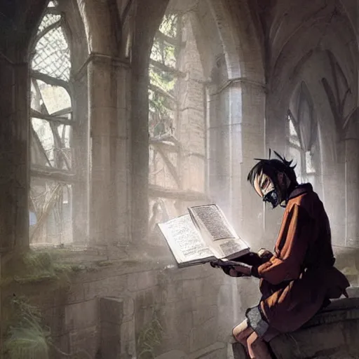 Image similar to a priest reading manga geog darrow greg rutkowski