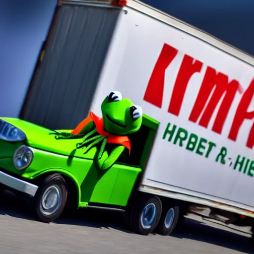 Image similar to Kermit the frog driving a semi truck 4k hd photo journalism