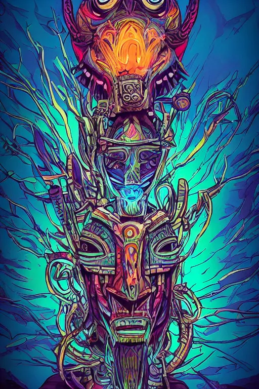 Image similar to totem animal tribal chaman vodoo mask feather gemstone plant wood rock video game illustration vivid color borderlands by josan gonzales and dan mumford radiating a glowing aura global illumination ray tracing