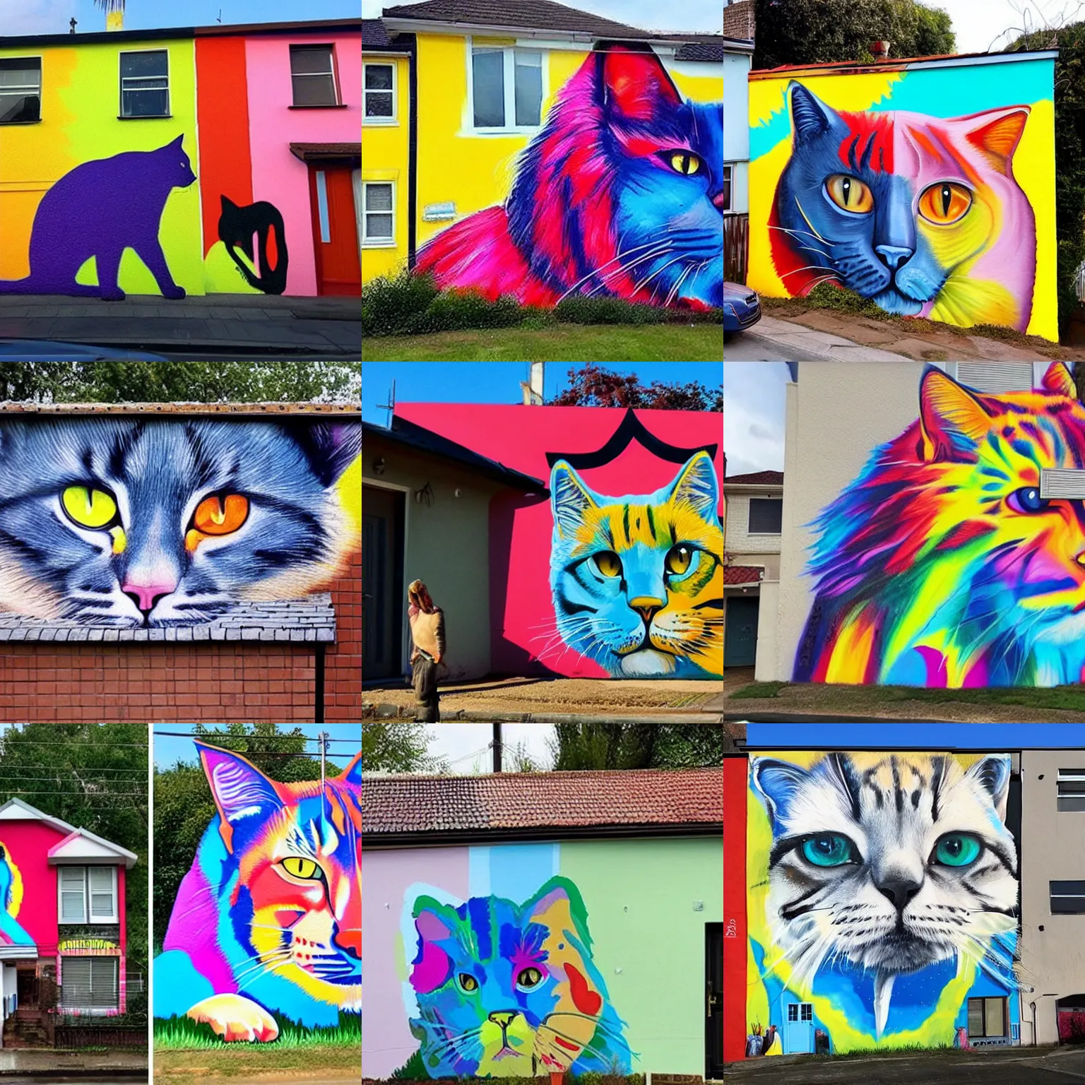 Prompt: artist paints huge cats in rich vivid colours on neighbours houses