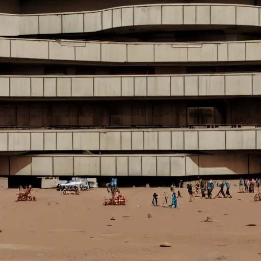 Prompt: full - color year - 2 0 8 0 photo of : a vast retro - futuristic brutalist building on mars, surrounded by citizens in space - suits walking or driving buggies. professional architectural photography.