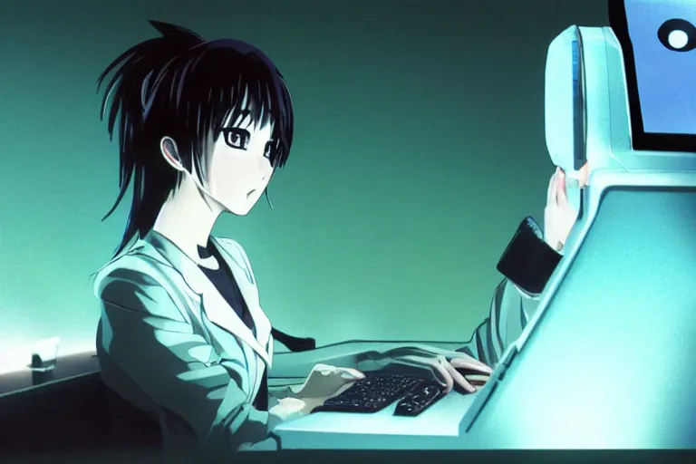 Image similar to anime alien using a computer to check her email submerged in translucent goo, over the shoulder perspective, in 1 9 8 5, y 2 k cybercore, industrial low - light photography, still from a kiyoshi kurosawa movie