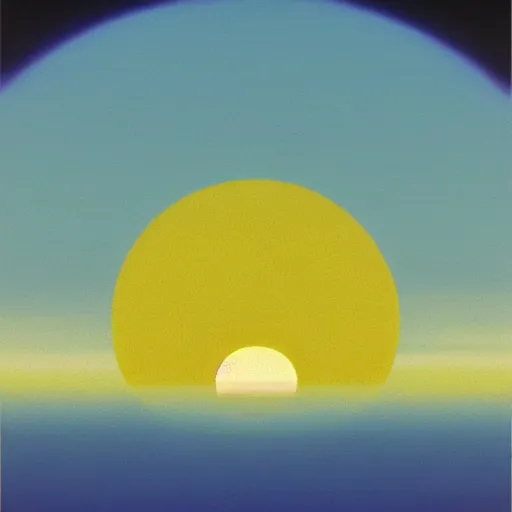 Image similar to hiroshi nagai painting. the sun has a face with many eyes and teeth. seen through the fog