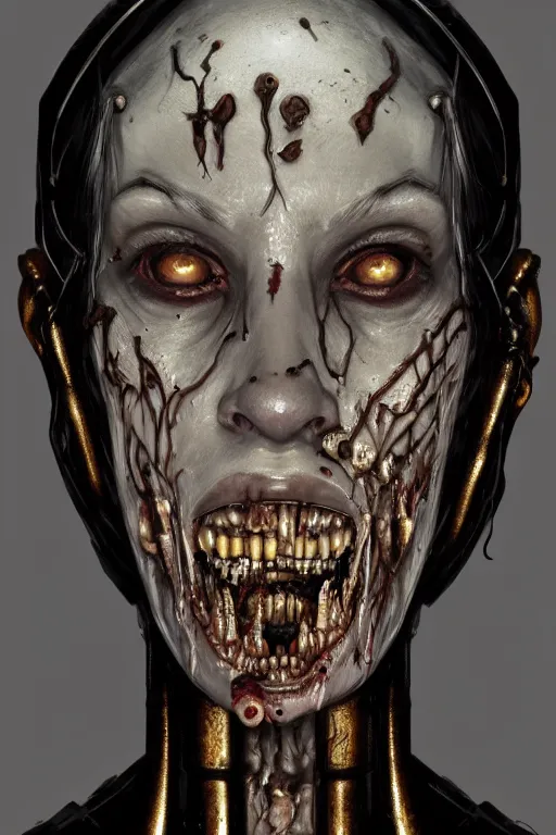 Image similar to portrait of a female zombie robot, intricate, dystopian terror, fangs, extremely detailed, digital painting, sculpted in zbrush, artstation, concept art, smooth, sharp focus, illustration, chiaroscuro lighting, golden ratio, rule of thirds, fibonacci, incredible art by Stanley Artgerm Lau and Greg Rutkowski, composition by mike mignola and Simon Stalenhag,