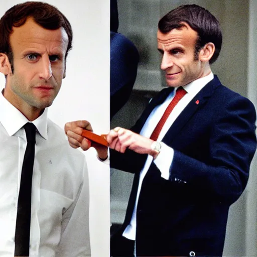 Prompt: Emmanuel Macron using a knife in American Psycho (1999)