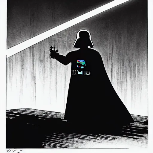 Prompt: darth vader looking into the night in batman : the animated series, cell - shading, highly detailed, key still, dramatic lighting