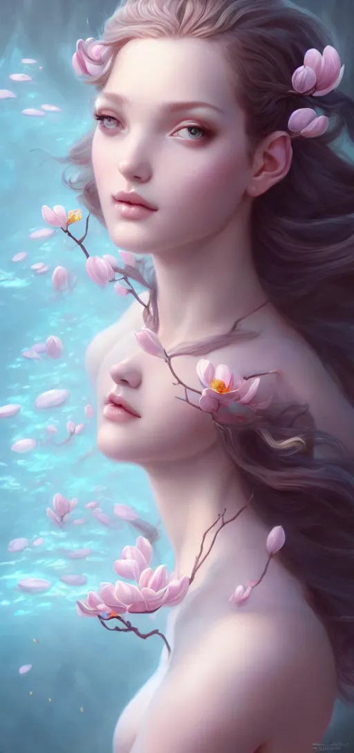 Image similar to character art of a goddess of magnolias as windy dusty underwater angelic young female | | seductive - fine - face, pretty face, key visual, realistic shaded perfect face, fine details by artgerm, wlop, tom bagshaw, james jean, andrei riabovitchev, marc simonetti, trending on artstation