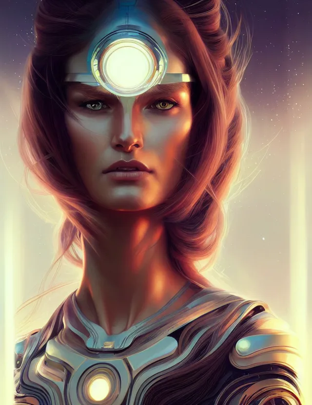 Image similar to futuristic woman portrait, sci-fi, amber eyes, face, long hair, fantasy, intricate, elegant, highly detailed, digital painting, artstation, concept art, smooth, sharp focus, illustration, art by artgerm and greg rutkowski and alphonse mucha