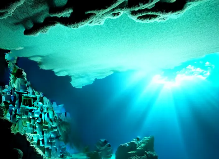 Image similar to atlantis, an amazing underwater city glowing with light below turbulent waters above