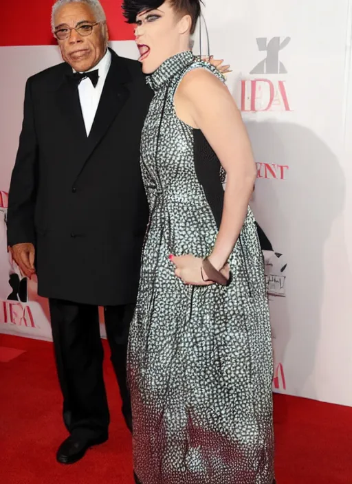 Prompt: james earl jones and katie perry wrestling angrily on the red carpet, fashion poser, bored teen