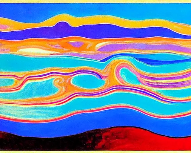 Prompt: Ocean waves in a psychedelic dream world. DMT. Curving rivers. Landscape painting by Edvard Munch. David Hockney. Peter Max.