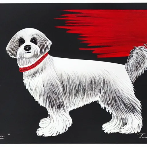 Image similar to Tlingit Haida lithographic, havanese dog red and black white only, lithograph print