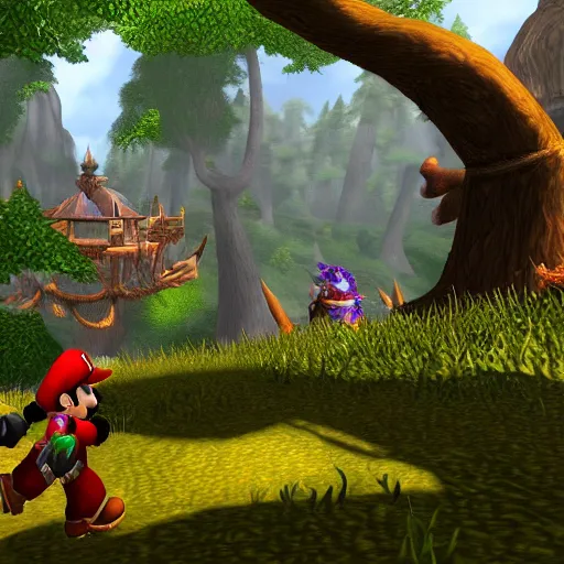 Prompt: Mario walking on the World of Warcraft Elwynn Forest, pc monitor screen image