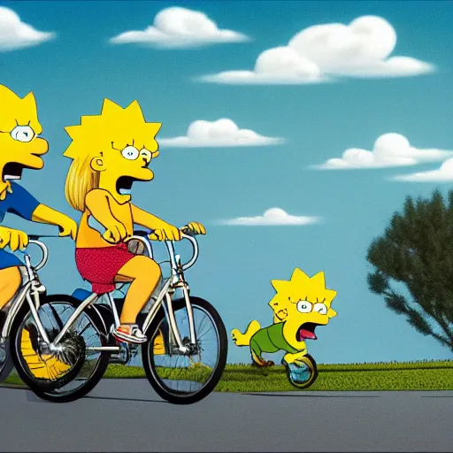 Image similar to Hyper realistic portrait of Joe Biden sniffing little Lisa Simpson's long flowing hair while they ride a bicycle together, little Lisa Simpson is sitting in the basket on the front of the bike, Cinematic lighting, ultra super good realistic 3D render by Gerald Brom and James Jean, Trending on Artstation, 8k, post processing, sharp focus