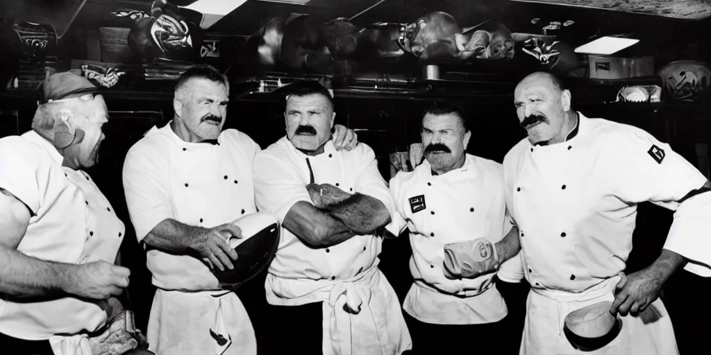 Image similar to Football players Butkus, Ditka, Walter Payton, as chefs inside Cthulhu
