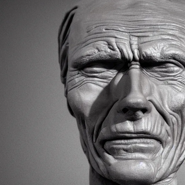 Prompt: photography of a sculpture of Clint Eastwood wrinkled face made of clay by Sebastian Kruger and Michelangelo, 50mm, studio atmosphere, 8K, rim light, octane render, ultra-realistic