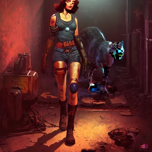 Prompt: fallout 5 concept art, female protagonist and feline companion, atmospheric lighting, painted, intricate, volumetric lighting, beautiful, gritty, rich deep colours masterpiece, sharp focus, ultra detailed by jack kirby, ignacio fernandez rios, thierry doizon