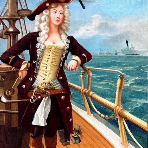 Image similar to a beautiful, friendly, calm, blonde, well - dressed, steampunk, covered, armed, pirate captain, standing on the deck of her ship gazing at the horizon in 1 7 3 0, detailed award - winning time - less painting