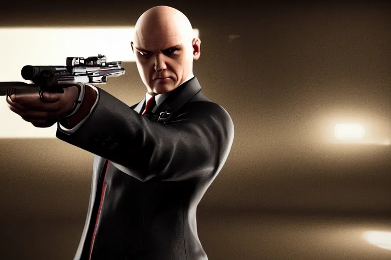 Prompt: a photo of agent 4 7 with his suit on holding a gun, photorealistic, 8 k, hd