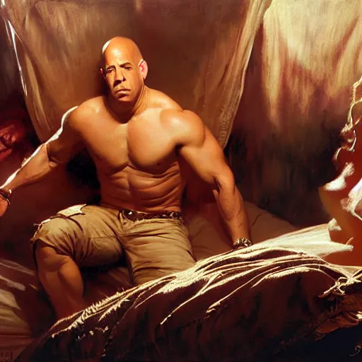 Image similar to vin diesel is in his bed, nervous and terrified, because a paul walker from hell is attacking him. highly detailed painting by gaston bussiere, j. c. leyendecker, greg rutkowski, craig mullins 8 k