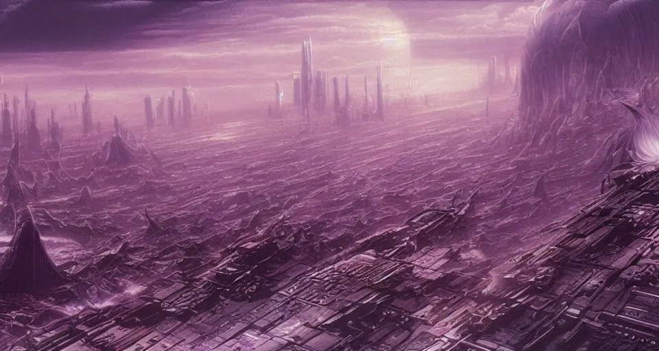 Prompt: view on futuristic city in the horizon, illustration by wayne barlowe, detailed, sharp, 8 k