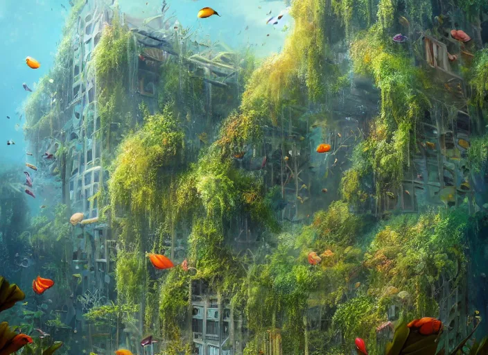 Prompt: overgrown foliage overtaking tall buildings, underwater environment, storefronts, coral, scenery, professional, award - winning, trending on artstation, detailed, realistic, beautiful, emotional, shiny, golden, picture