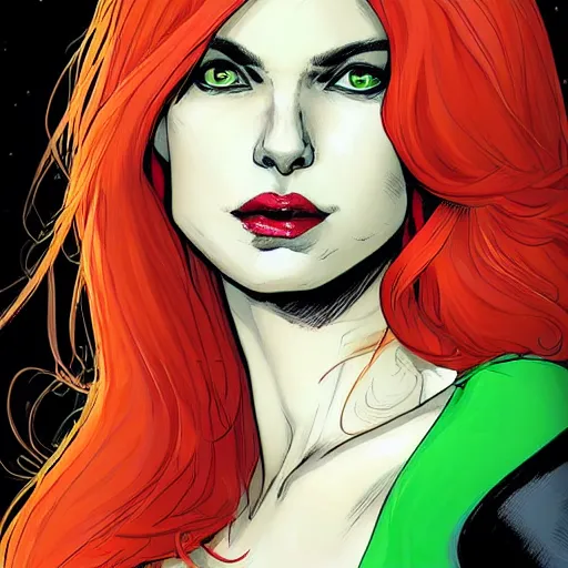 Image similar to Portrait of Jean Grey, a beautiful woman in her 30s, with red hair and green eyes, symmetrical face, detailed features, delicate features, warm and gentle smile, artstation, graphic novel, art by Chris Bachalo and Olivier Coipel,