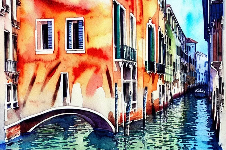 Image similar to !! watercolor!! venice in a sunny day, colorful high contrast,!! very coherent!!, dark shadow, thick lineart